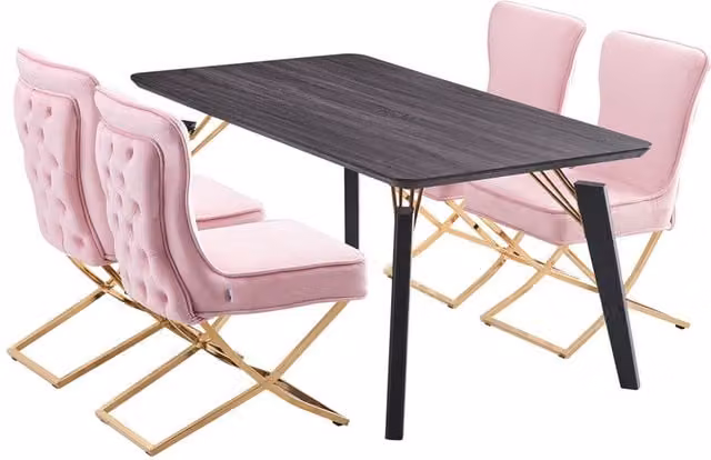 Life Interiors Cosmo LUX Modern Rectangular Dining Set with Table and 4 Chairs in Pink, Black and Gold