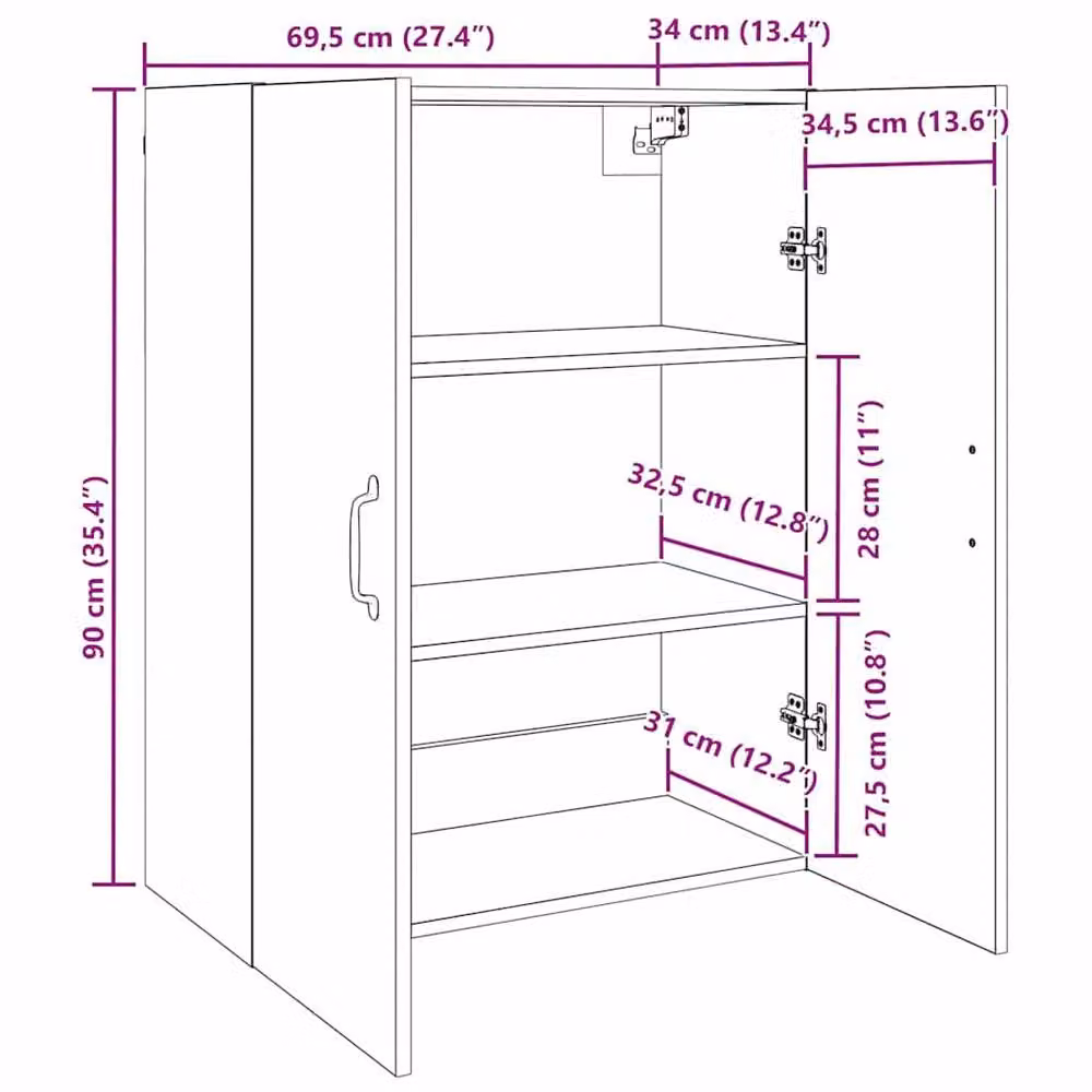 Berkfield Home Black Oak Hanging Cabinet W: 69.5 cm, D: 34 cm, H: 90 cm – 7