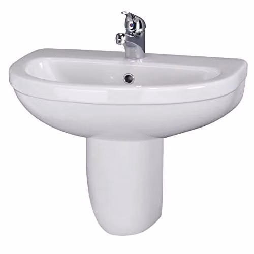 Nuie White Ceramic Wall Hung Bathroom Sink Basin with Semi Pedestal, W: 55.0 cm, D: 49.5 cm, H: 44.5 cm