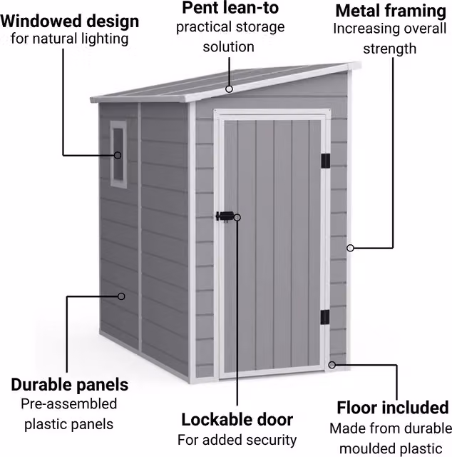 BillyOh Newport Lean To Plastic Pent Shed with Floor, Light Grey