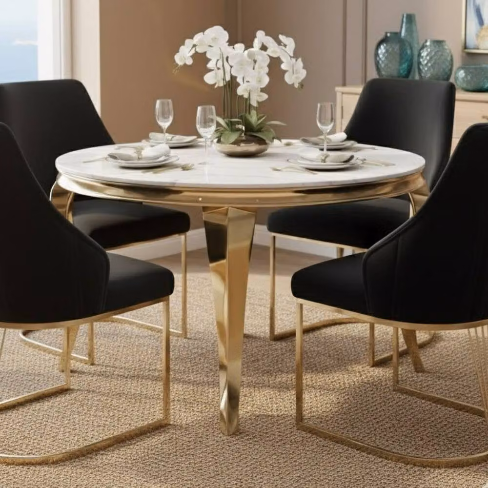 Home Luxe Interior Sofia Round Cream and Gold Marble Dining Table with 4 Lasco Black and Gold Chairs – 5
