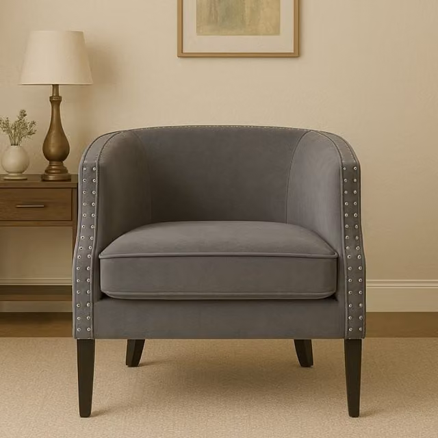 Orsina Grey Velvet Armchair with Black Rubberwood Legs