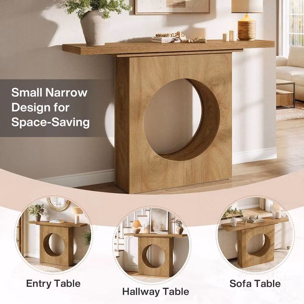 VOGREX Farmhouse Console Table with Round Hole Design in Brown Light Oak – 4
