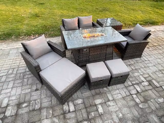 Fimous 7 Seater Outdoor Rattan Garden Furniture Set with Gas Firepit Dining Table and Side Table in Dark Grey