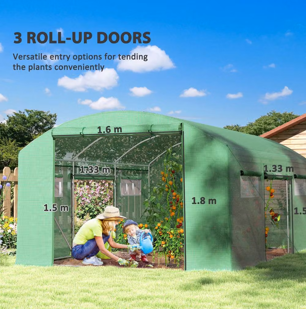 STILVORA Green Walk-In Greenhouse with 3 Doors, 6 Windows and Galvanised Steel Frame – 3