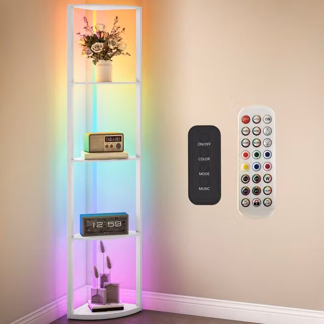 HOMCOM RGB LED Floor Lamp with Shelves and Remote Control in White