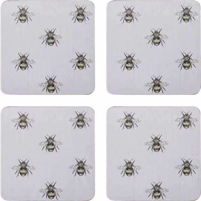 Creative Tops Set of 4 Country Bee Coasters, Square, Grey, W: 10.5 cm x D: 10.5 cm