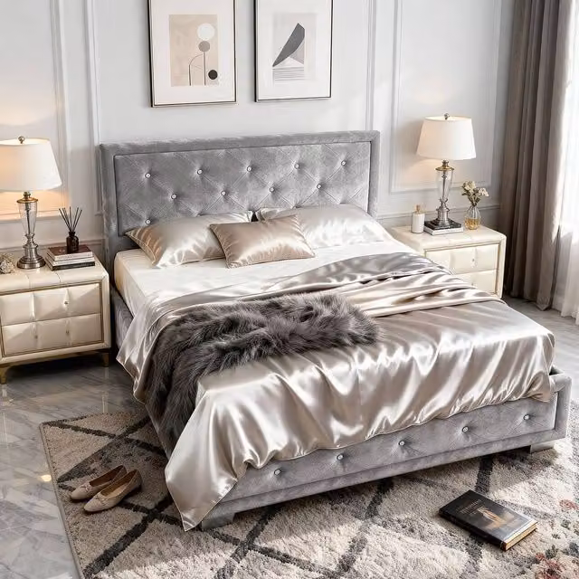 Comfy Living Ltd Silver Crushed Velvet Diamante Bedframe with Lift Up Base, W/D/H: 180 x 200 cm – 1