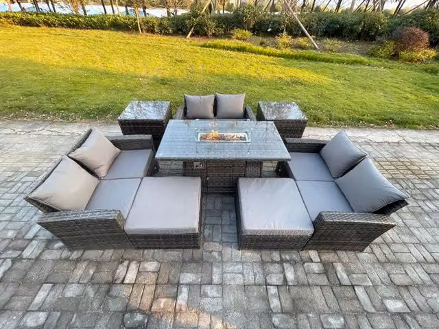 Fimous High Back Rattan Garden Furniture Set with Gas Firepit Dining Table and 2 Side Tables in Dark Grey
