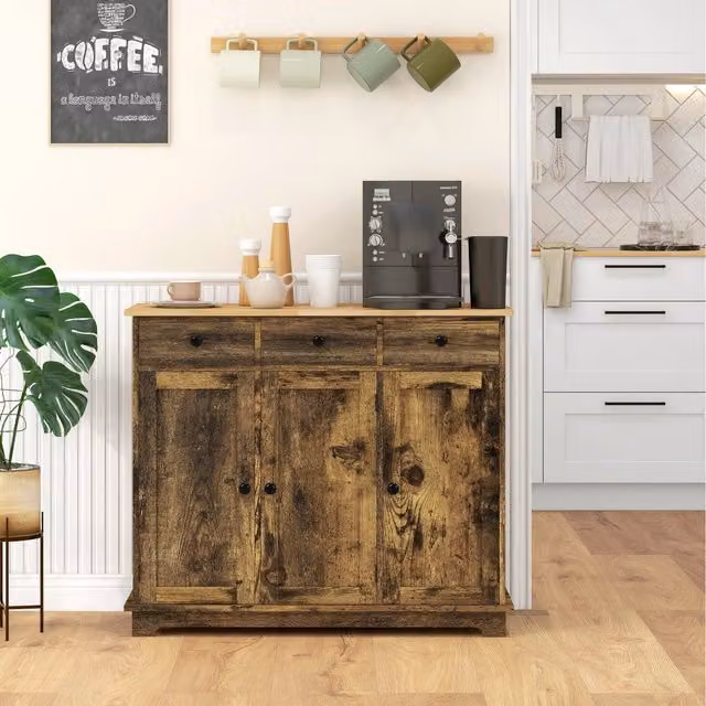 HOMCOM Rustic Brown Rubberwood Top Sideboard and Buffet Cabinet