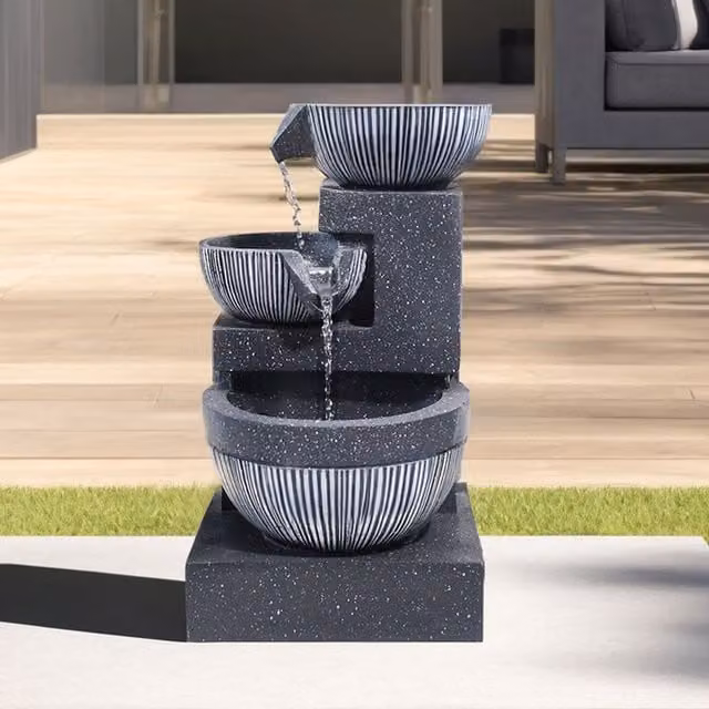 Livingandhome 3-Tier Round Cascade Solar Water Fountain in Grey Resin