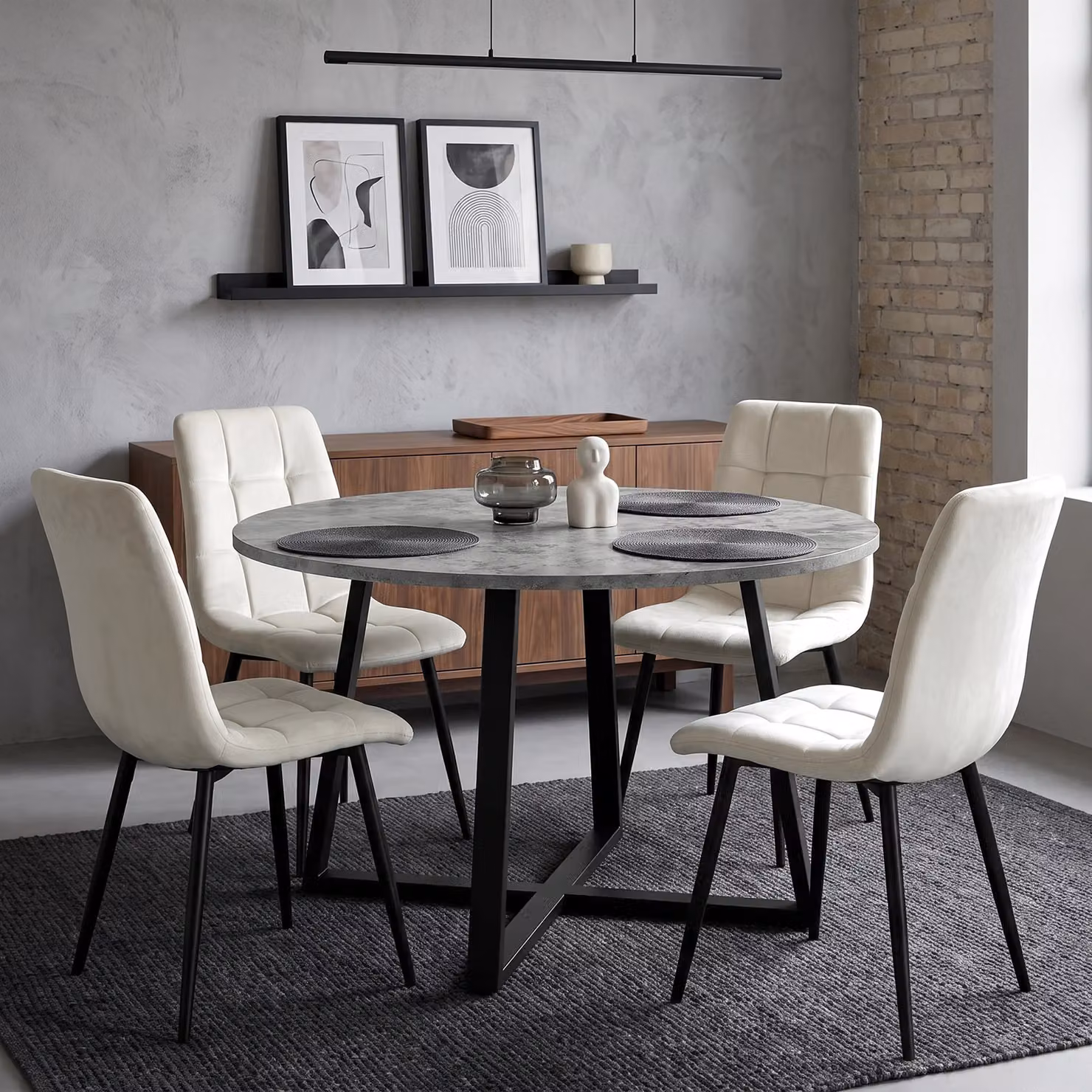 DHS Round Dining Table Set with 4 Chairs in Concrete Effect with Upholstered Metal X-Frame Chairs, Diameter: 110 cm
