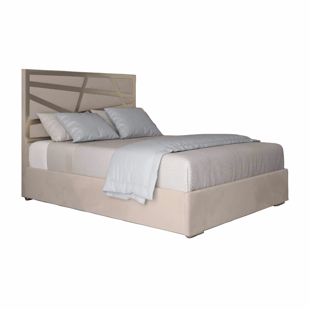 KDMD Fremington King Size Upholstered Velvet Designer Bed Frame in Cream and Beige with Metal Details – 2