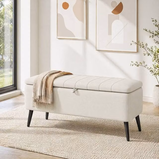 STILVORA Modern Rectangular Fabric Storage Ottoman in Beige with Metal Legs – 1