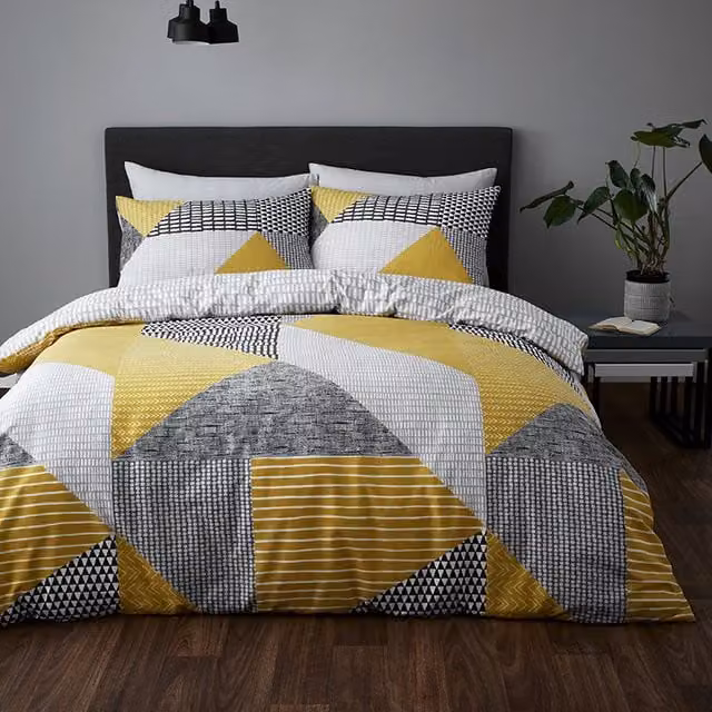 Catherine Lansfield Larsson Geo Reversible Duvet Cover Bedding Set in Yellow and Ochre