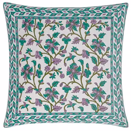 Paoletti Mentera Floral Cotton Cushion in Green and Purple, W/D/H: 50 x 50 x 50 cm