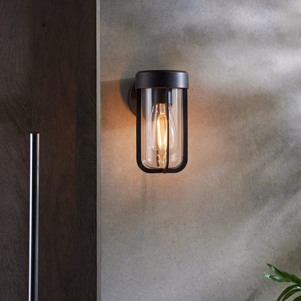 Loops Brushed Bronze Outdoor Wall Light with Transparent Glass Shade, IP44 Rated, LED Compatible – 3