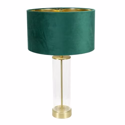 ValueLights Balan Table Lamp with Green Velvet Shade, Gold and Transparent Glass Tube and Warm White LED Bulb