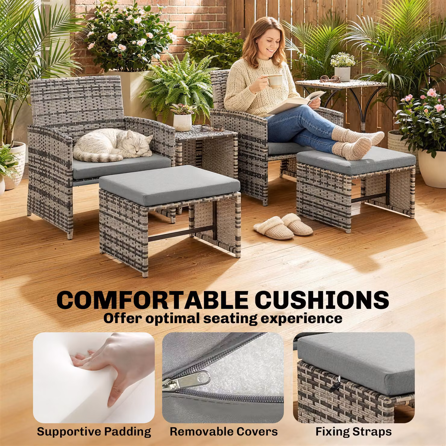 Outsunny 6 Piece Grey Rattan Garden Furniture Set with Nesting Tables, Chairs, Stools and Cushions – 7
