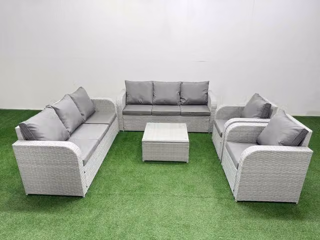 Fimous PE Rattan High Back Lounge Sofa Set in Light Grey with 3 Seater Sofa, Reclining Chair, and Square Coffee Table