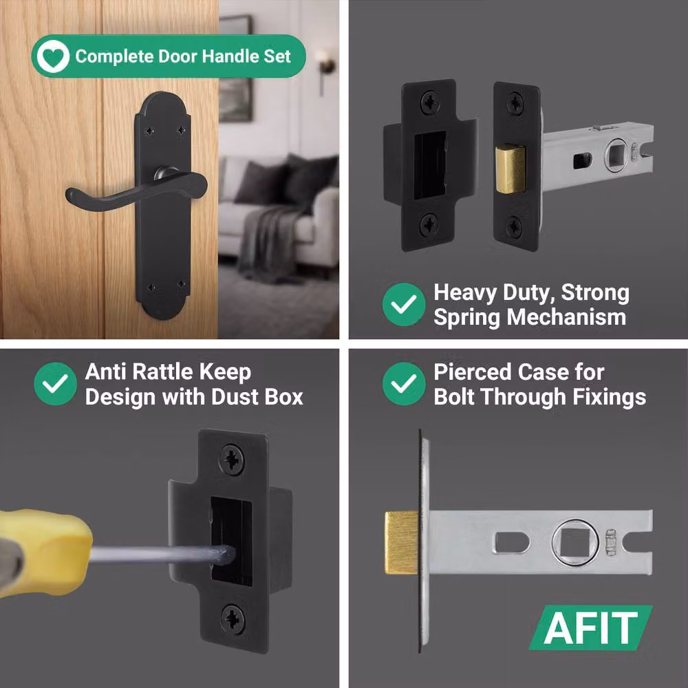 AFIT Matt Black Door Handles with Latch, 4 Pairs, W/D/H: 15 x 15 x 15 cm – 4