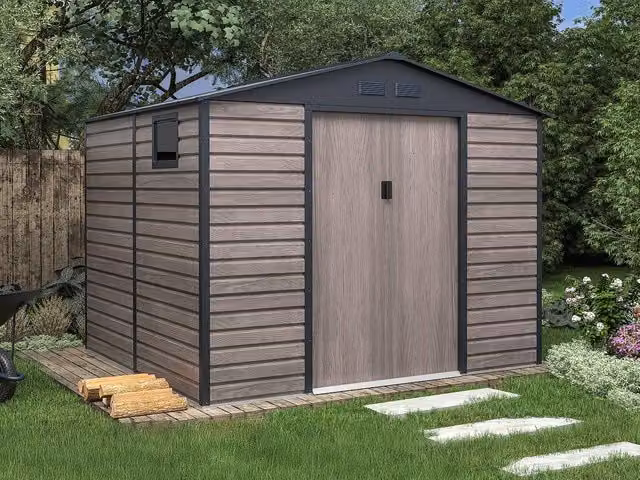Vente-unique Grey Wood Effect Galvanised Steel Garden Shed with Double Doors and Window, 7.17 m2