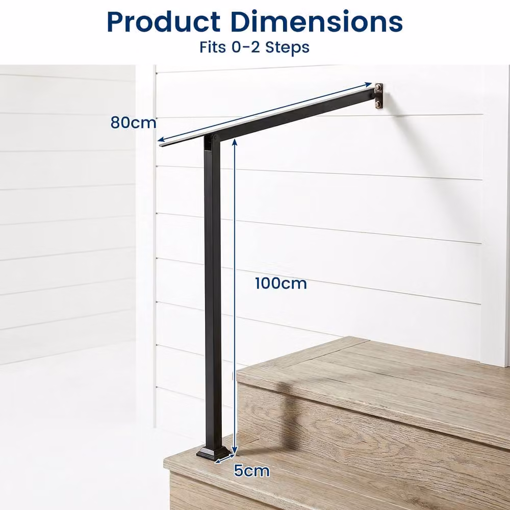 Gymax Adjustable 2-Step Wall Mounted Outdoor Stair Handrail in Black Galvanised Steel – 2
