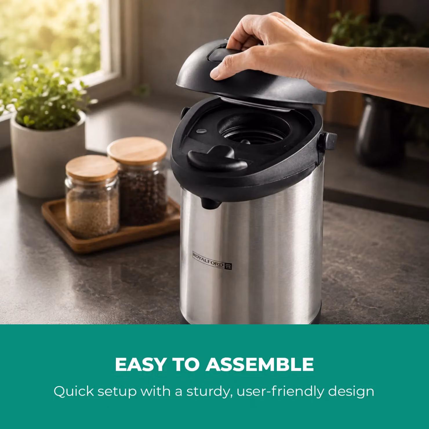 Royalford Vacuum Insulated Coffee and Tea Dispenser with Pump and Safety Lock, Silver, 3 l – 4