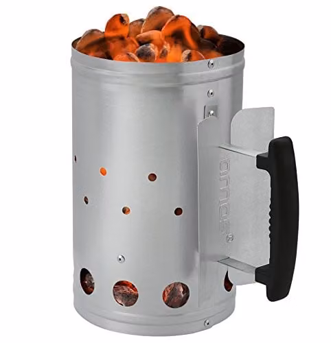 AMOS Silver Galvanised Steel Barbecue Charcoal Chimney Starter with Thermoplastic Handle for Lumpwood and Briquettes – 1