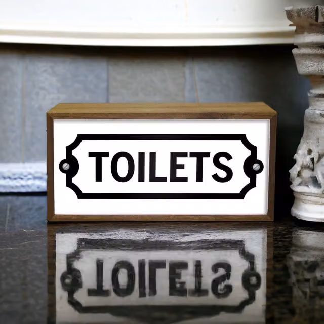 Echo Three LED Light Box Toilets Sign in Brown Wood, W/D/H: 30 x 15 x 7 cm