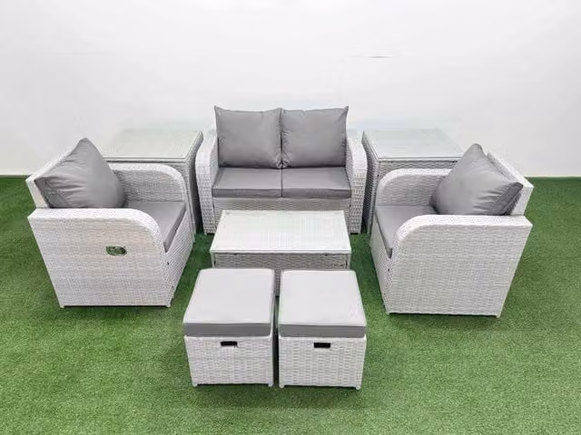 Fimous 6 Seater Grey PE Wicker Rattan Garden Furniture Set with Upholstered Cushions, 2 Seater Sofa, Lounge Armchair, Coffee Table and Ottomans