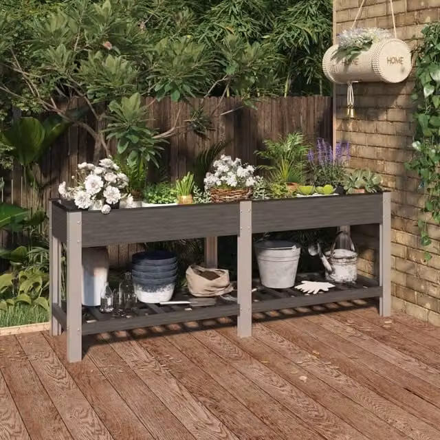 Berkfield Home Garden Raised Bed with Shelf in Grey WPC and Steel, W: 200 cm, D: 50 cm, H: 75 cm – 1