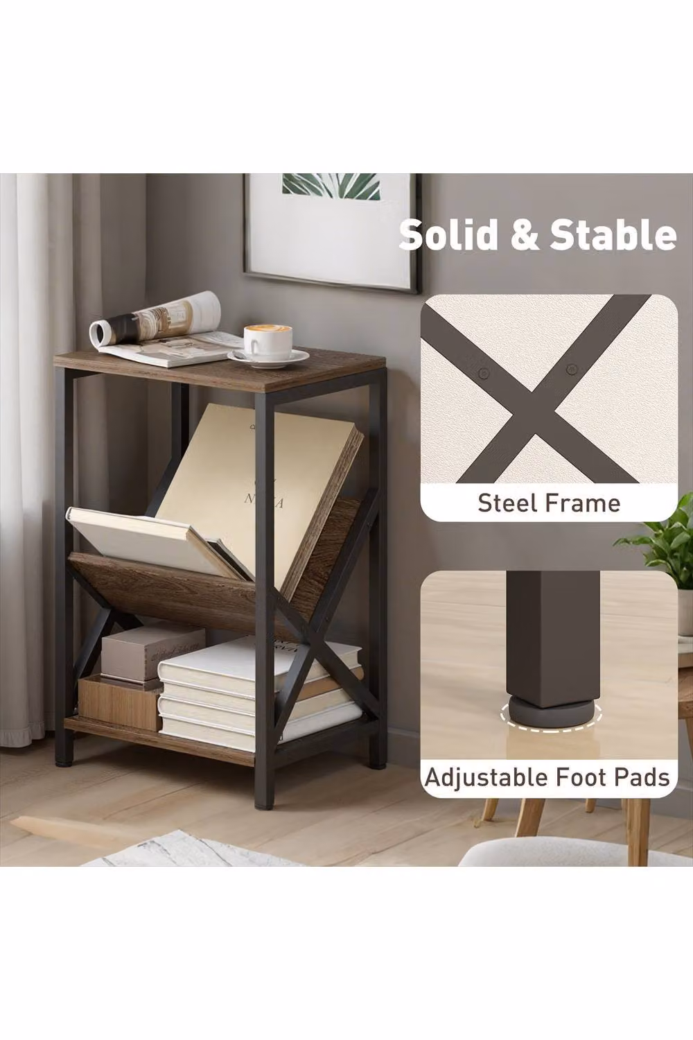 ERGOVEXA Narrow Side Table with 3-Tier Storage, Oak in Brown, W/D/H: 40 x 30 x 61 cm – 3