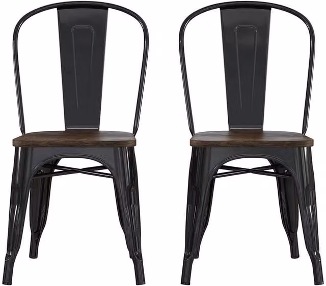 Fusion Set of 2 Black Metal and Wood Dining Chairs with Antique Matt Finish
