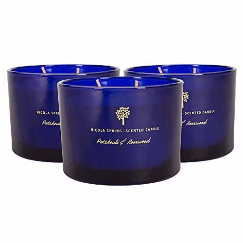 Nicola Spring Patchouli and Rosewood Scented Soy Wax Candles, Pack of 3, Blue