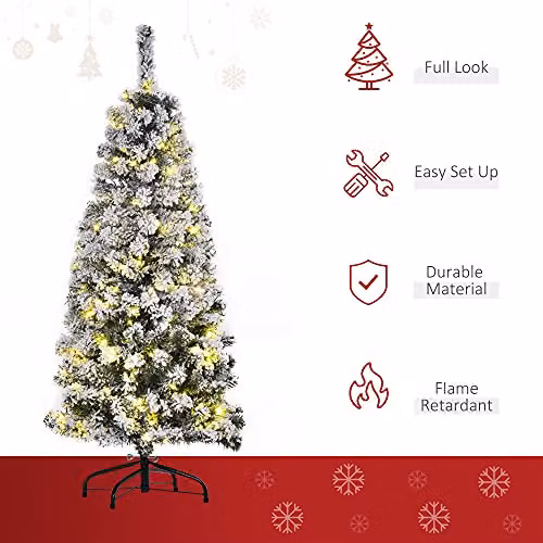 HOMCOM 4ft Prelit Artificial Snow Flocked Christmas Tree in Green and White – 3