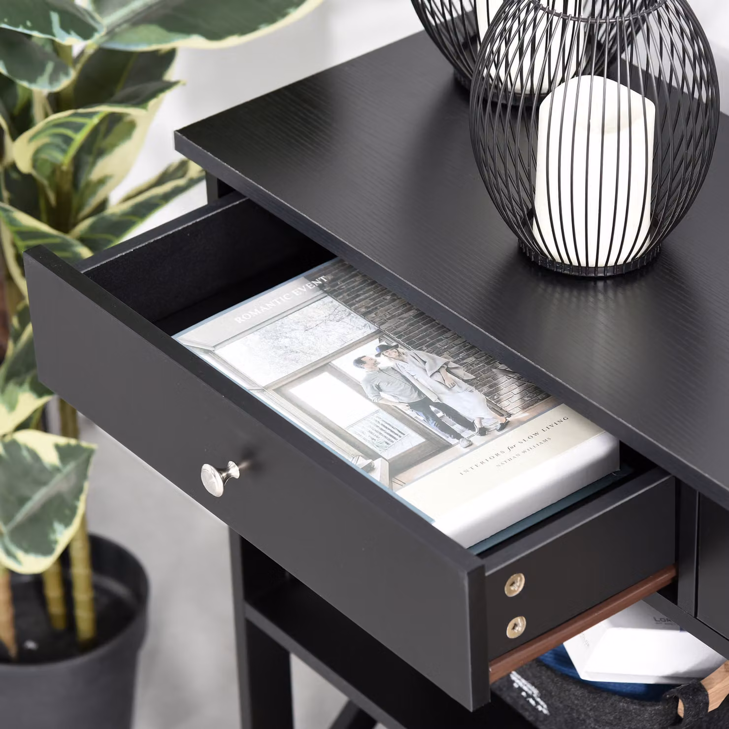 HOMCOM Black Console Table with Shelves, Drawers and X-Frame Support for Living Room, Hallway or Home Office – 8