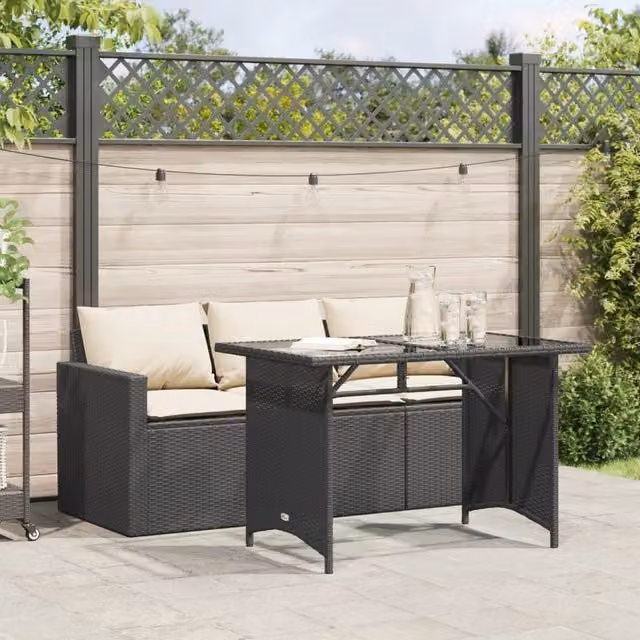 Berkfield Home 2 Piece Black Poly Rattan Garden Dining Set with Cushions and Glass Table