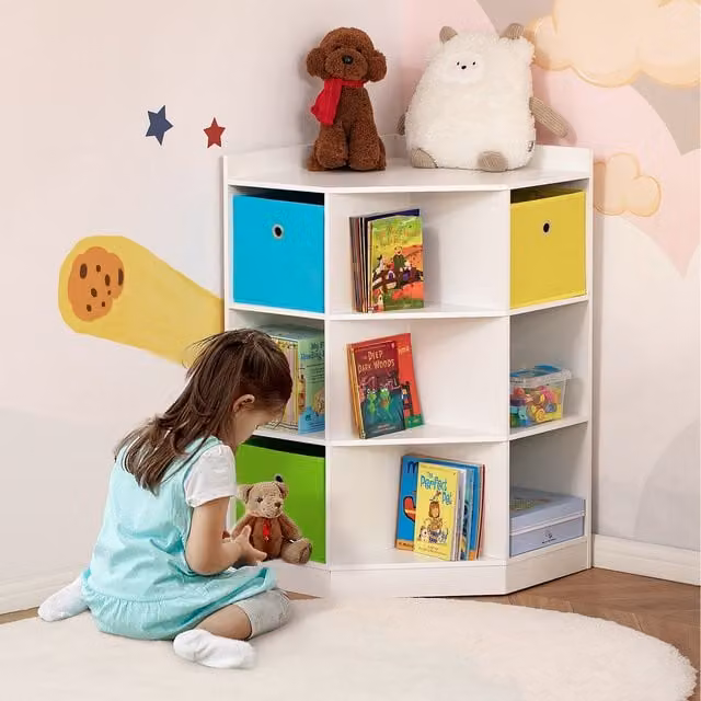 HOMCOM Kids Corner Storage Cabinet Organizer with Drawer in White