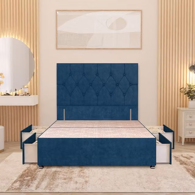 Somnior Beds Ltd Chesterfield Velvet Divan Bed Base with Drawers and Floor Standing Headboard, Blue, W/D/H: 140 x 200 cm