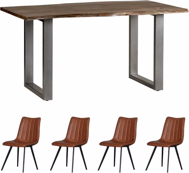 IH Design Modern Acacia Wood Live Edge Dining Table and 4 Chairs Set in Grey and Brown, W: 150 cm