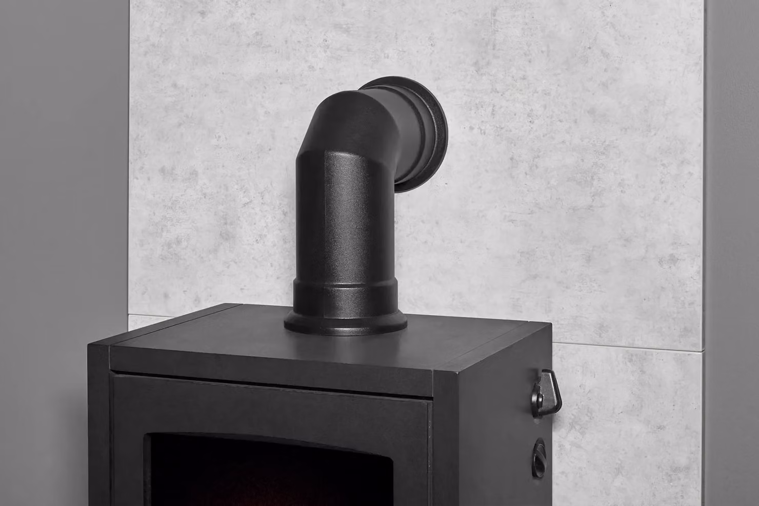 Acantha Fires & Fireplaces Tile and Hearth Set in Concrete Effect with Bergen Stove and Angled Pipe in Grey – 3
