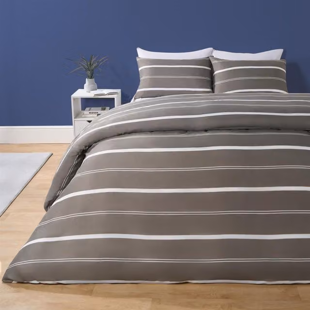 OHS Grey Striped Polyester Duvet Cover and Pillowcase Set, 90 x 200 cm