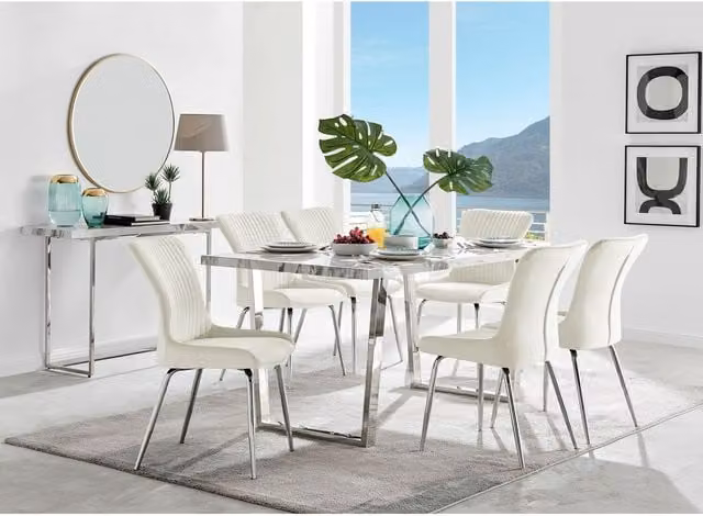 FurnitureboxUK Kylo White Marble Effect Dining Table and 6 Nora Silver Leg Chairs in Cream
