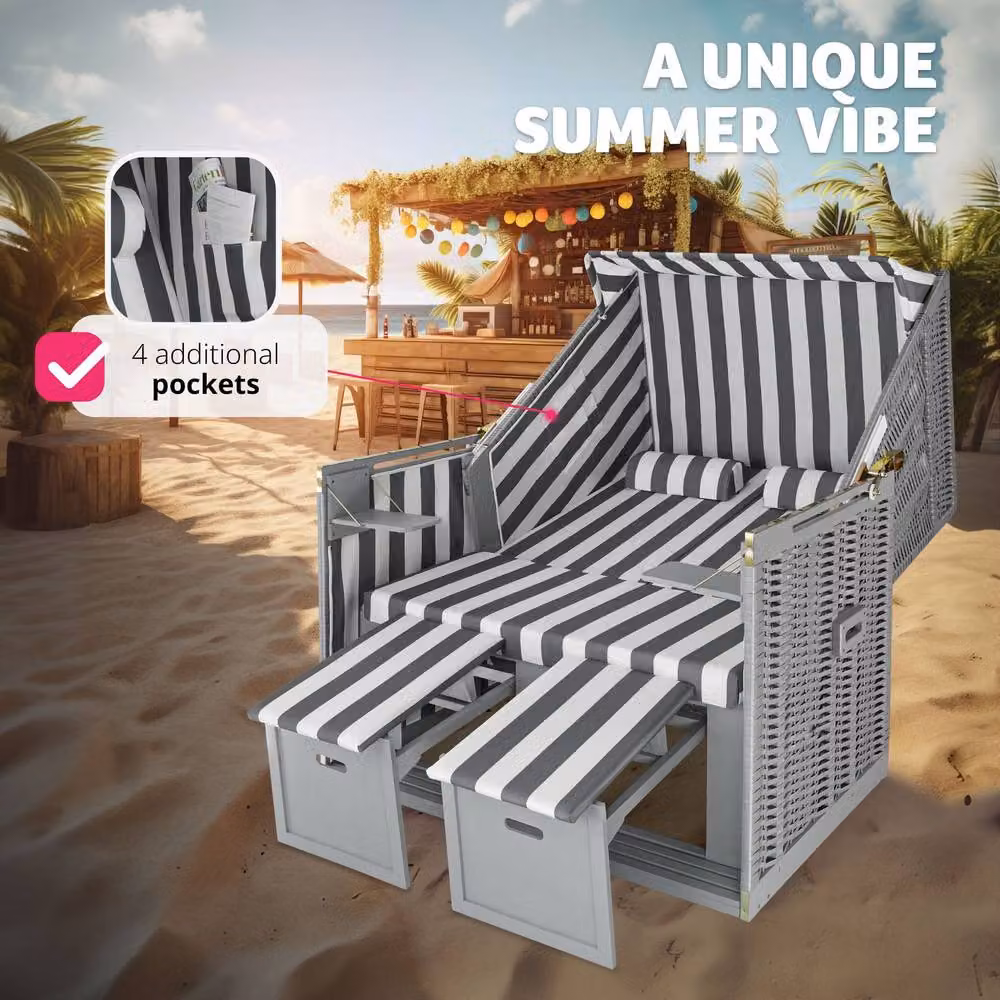 tectake Sylt 2 Seater Beach Chair in Grey Striped Rattan with Cushions, Footrest and Rain Cover – 8