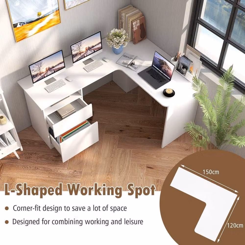 Costway Modern L-Shaped Corner Computer Desk in White with Drawers and Grommet – 5