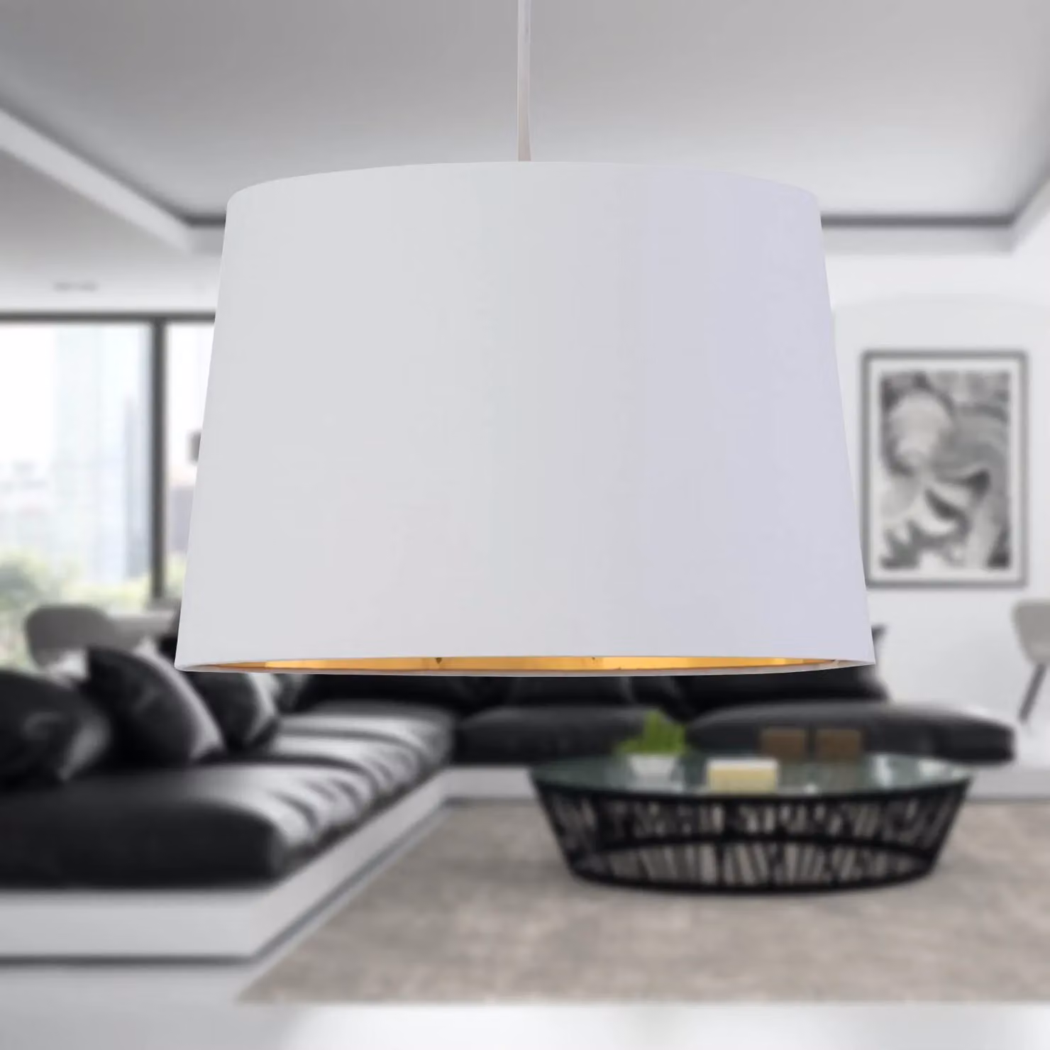 First Choice Lighting Zoey Set of 2 Cylinder Easy Fit Pendant Lamp Shades in White and Gold/Brass Fabric – 2