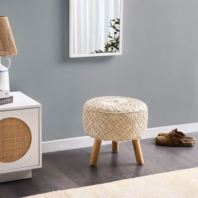 Wyld and Coco Beige Macramé Cotton Footstool with Wood Frame W/D/H: 40 x 40 x 44 cm