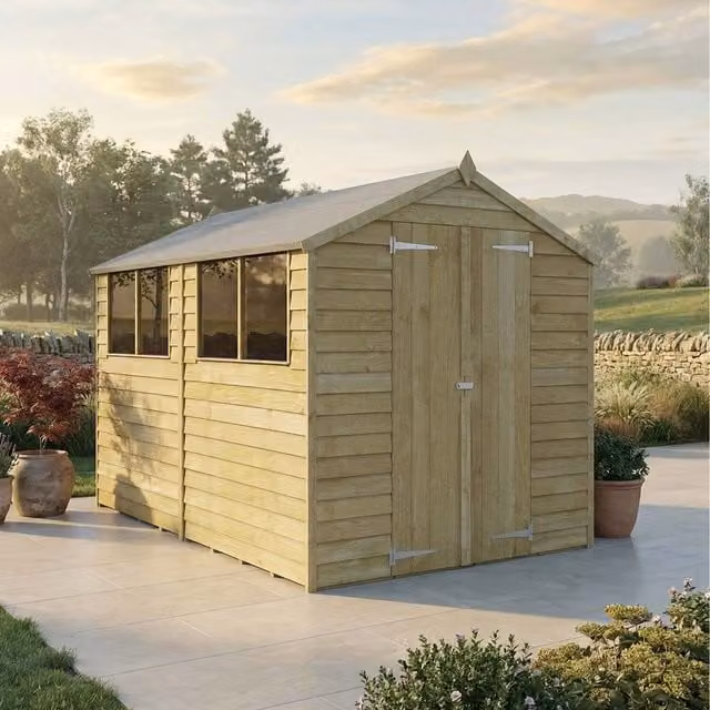 Waltons Wooden Overlap Apex Roof Garden Storage Shed with Double Doors and Window, Brown, W: 304.8 cm, D: 182.88 cm