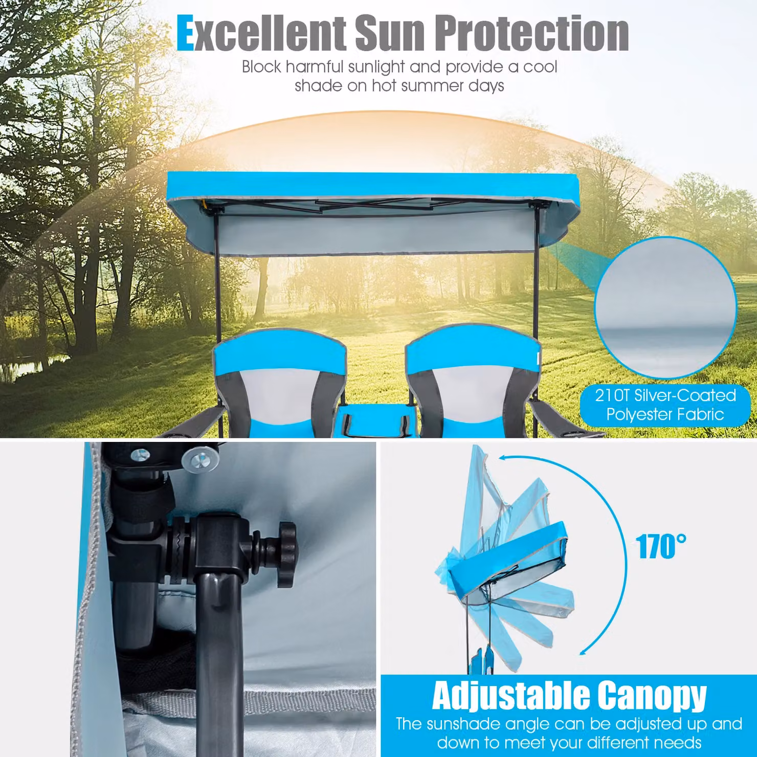 Gymax Double Sunshade Folding Chairs in Blue with Sun Canopy, Armrests and Cup Holders – 3